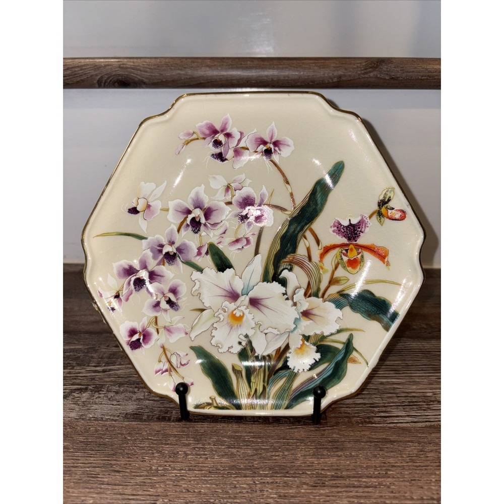 Orchids Plate 6 Sided Made in Japan Gold Scalloped Rim Maker Signed 7.5"